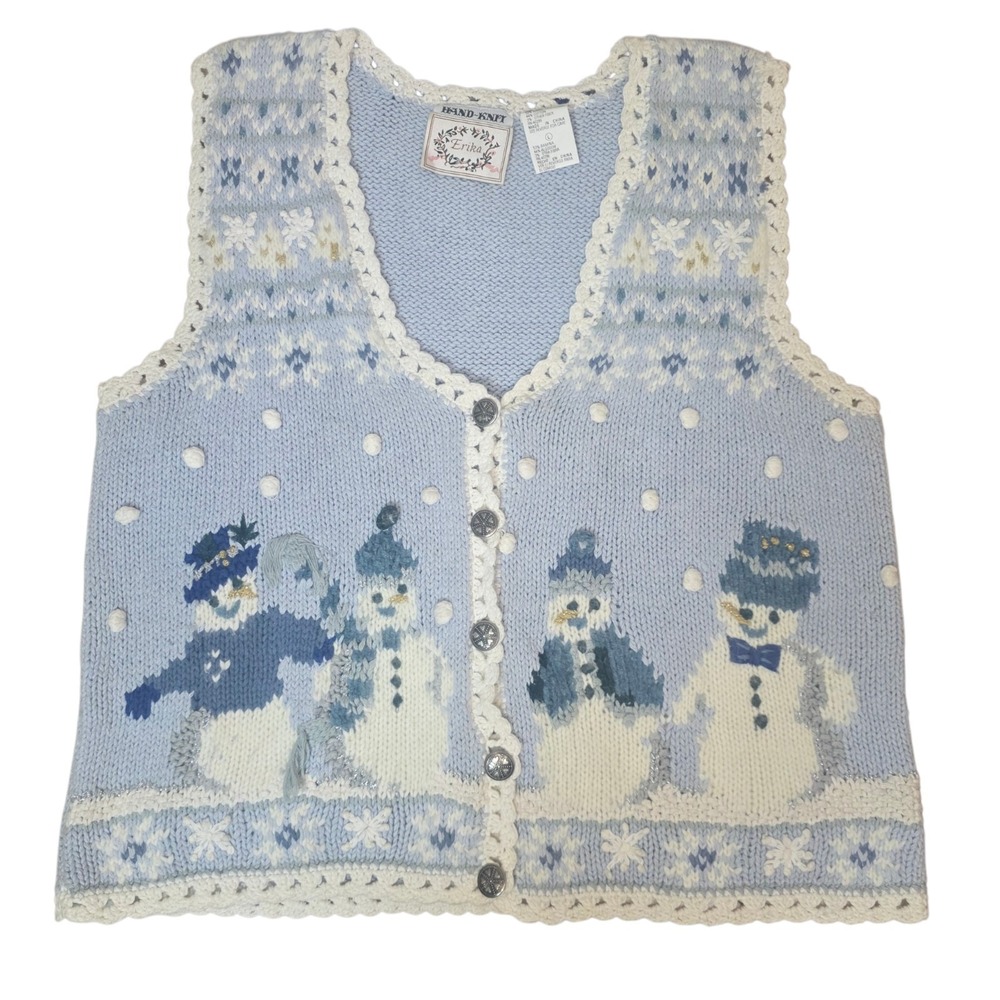 Vintage Hand Knit Erika Womens L Blue Snowman Christmas Cardigan Sweater Vest
